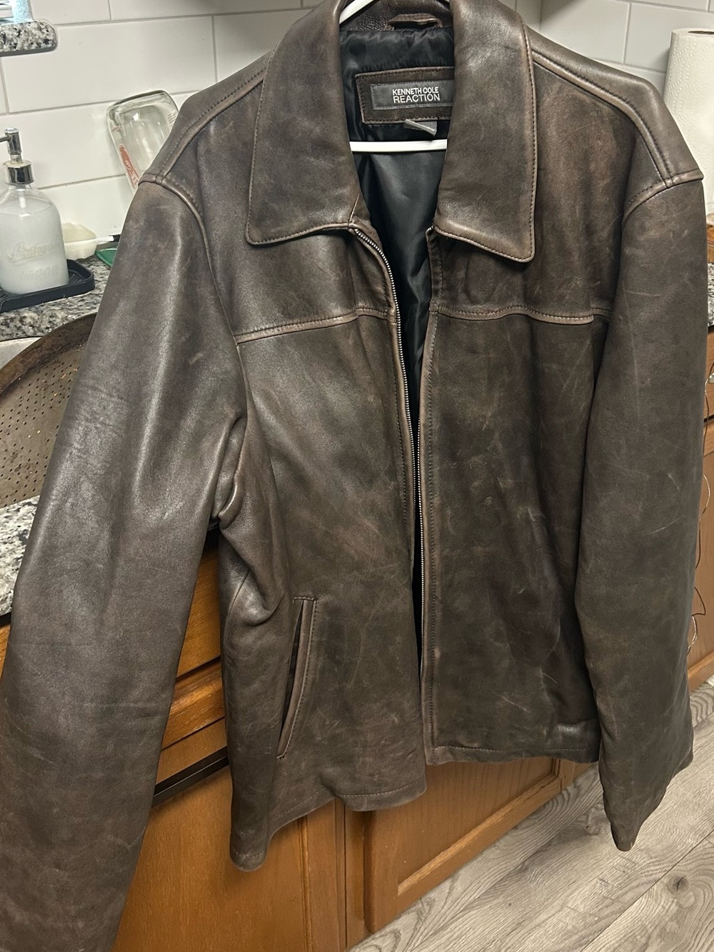 Kenneth Cole Reaction Dark Brown Leather Bomber Jacket